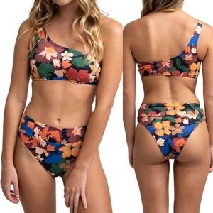 Rhythm Rio Asymmetric Floral Bikini Set One Shoulder Top S Hi Hip Bottoms M NWT